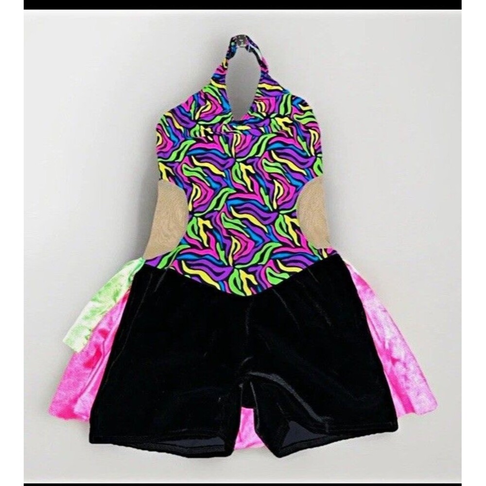 Creations By Cicci XL Neon Zebra Dance Costume Black Velour Shorts Ruffles